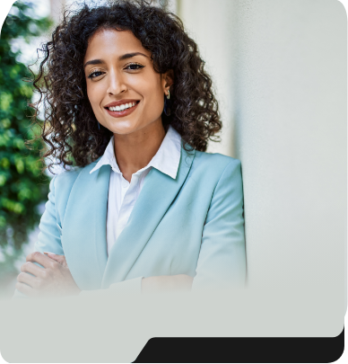 Smiling woman in light blue business jacket