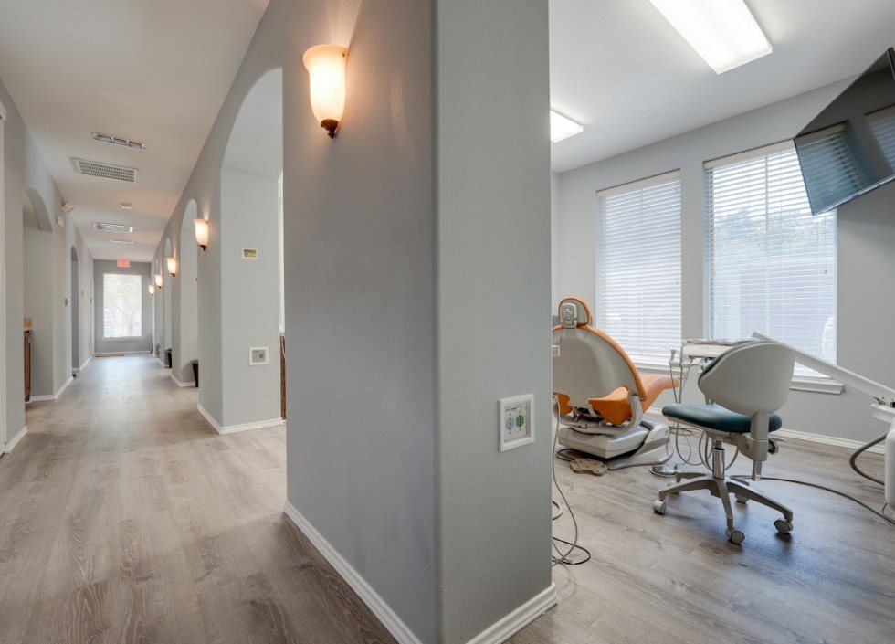 Light blue dental chair at The Grand Prairie Dentist