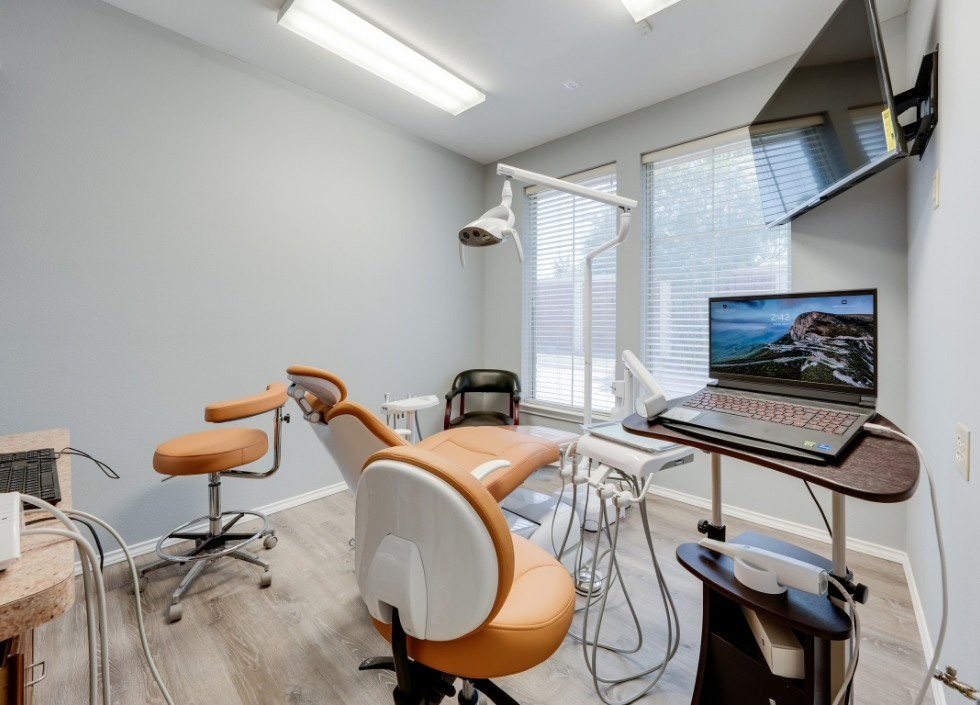 Light blue dental chair at The Grand Prairie Dentist