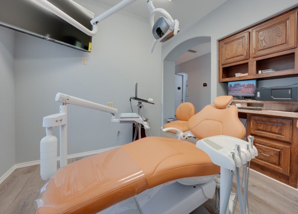 Light blue dental chair at The Grand Prairie Dentist