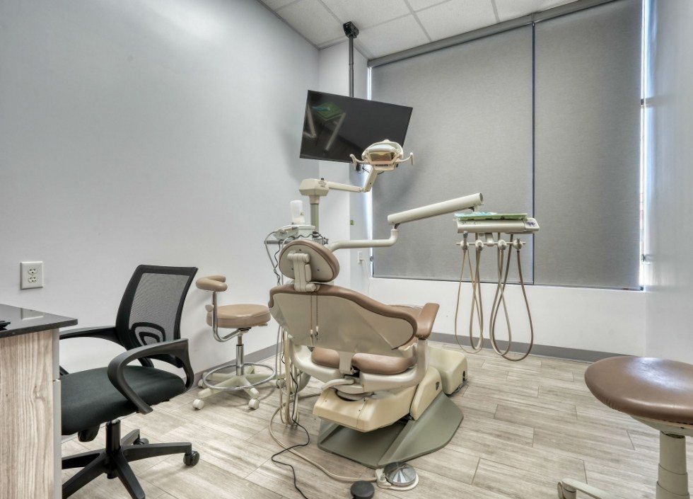 Light blue dental chair at The Grand Prairie Dentist