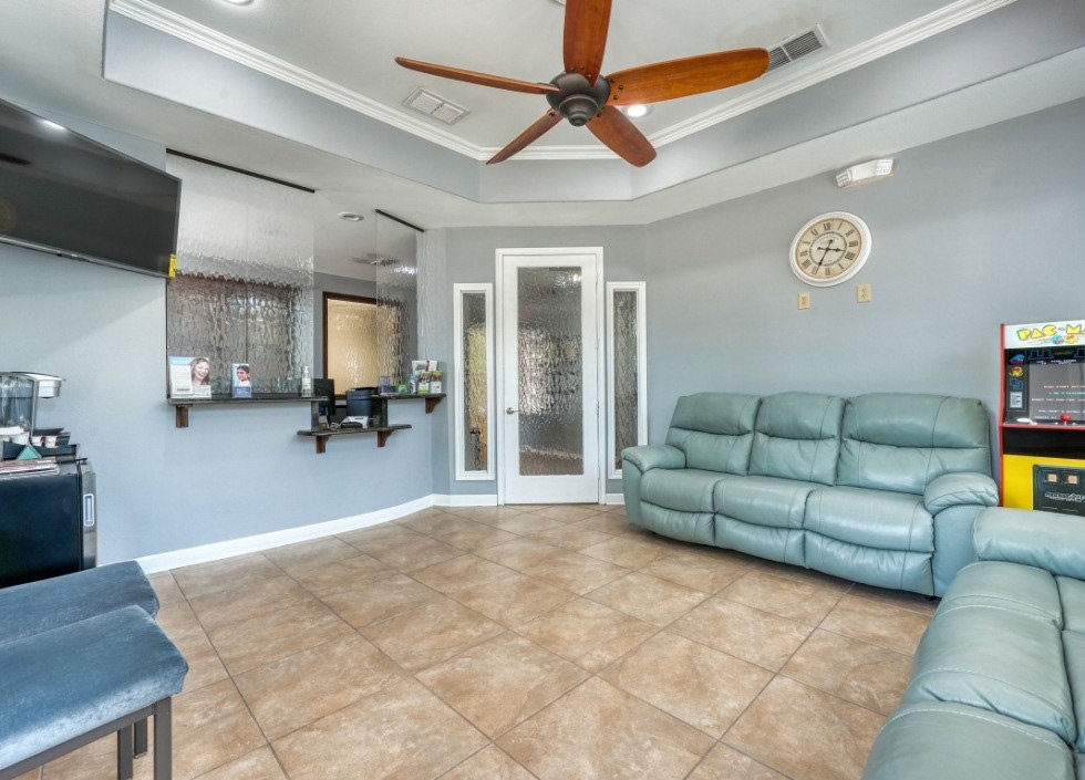 Light blue dental chair at The Grand Prairie Dentist